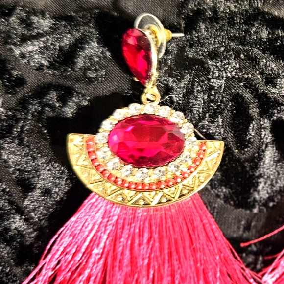 Red Ruby, Diamond, and Fringe Statement Earrings - Picture 5 of 5